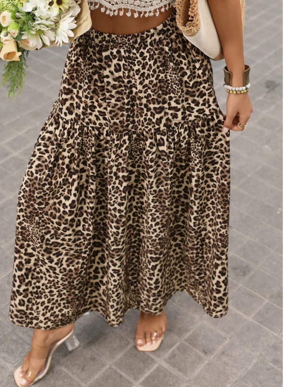 Boho Leopard Print Stretchy Waist Maxi Skirt  